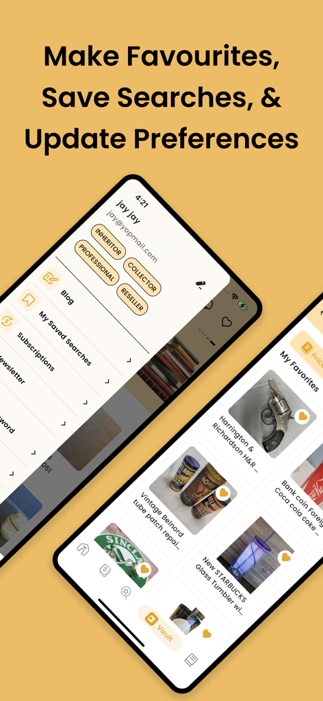 Interface of the WorthPoint app showing user profile settings and a list of favorite antique items.