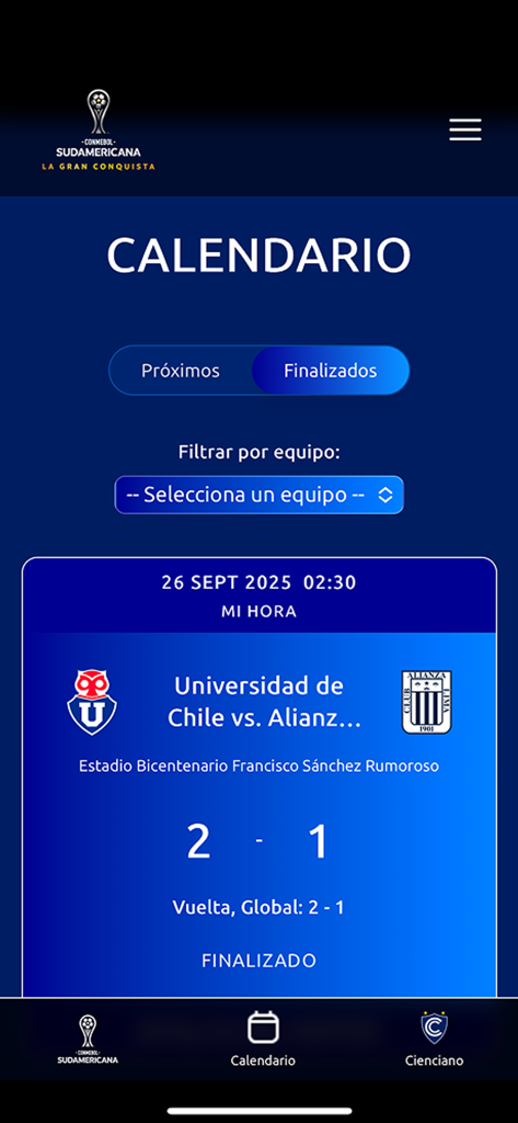 CONMEBOL Sudamericana - Pantalla del calendario de la app CONMEBOL Sudamericana mostrando el resultado de un partido entre Universidad de Chile y Alianza Lima