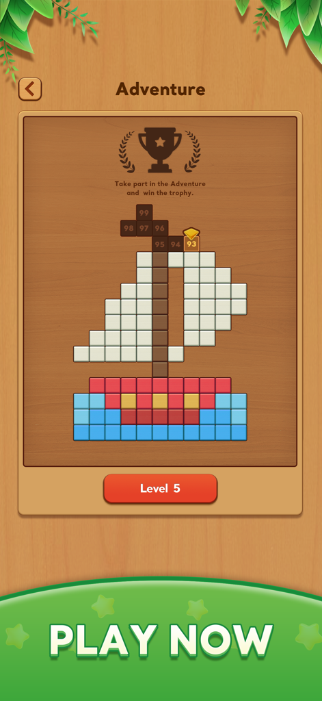 Block Crush adventure mode screen featuring a sailboat shaped block puzzle