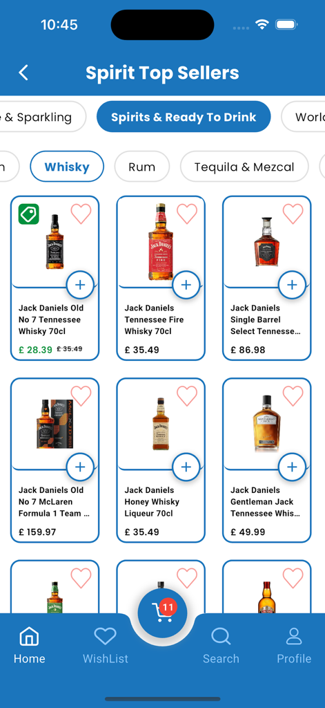 주류 인기 카테고리 아래에 Jack Daniels 위스키 병이 표시된 SipUP 앱 화면