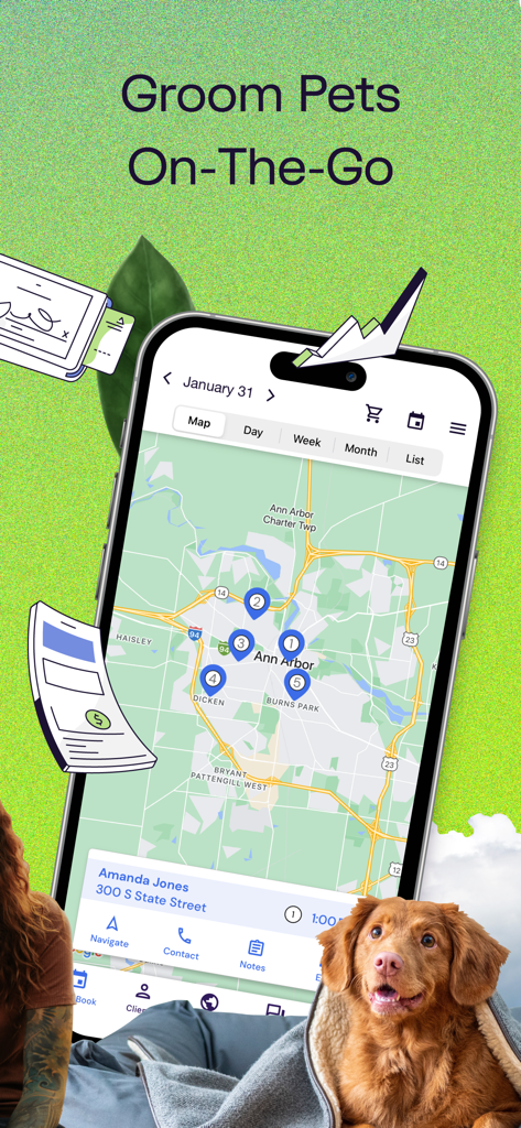 Ein Smartphone-Bildschirm, der die Kartenfunktion der DaySmart Pet App für Tierpflege-Termine anzeigt.