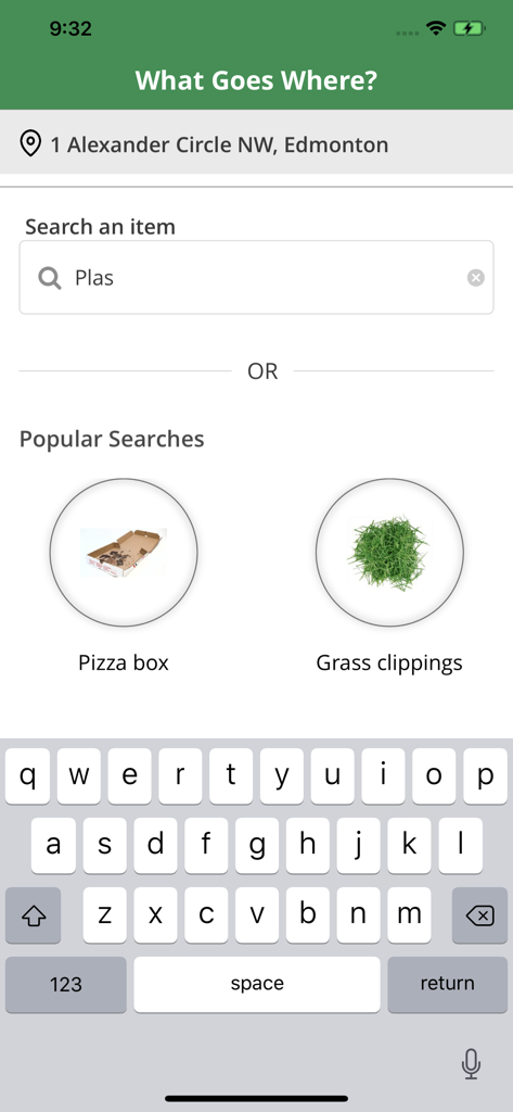 Benutzeroberfläche der Edmonton Waste Wise App mit der Suchfunktion 'Was gehört wohin' und beliebten Artikeln wie Pizzakartons und Grasschnitt.