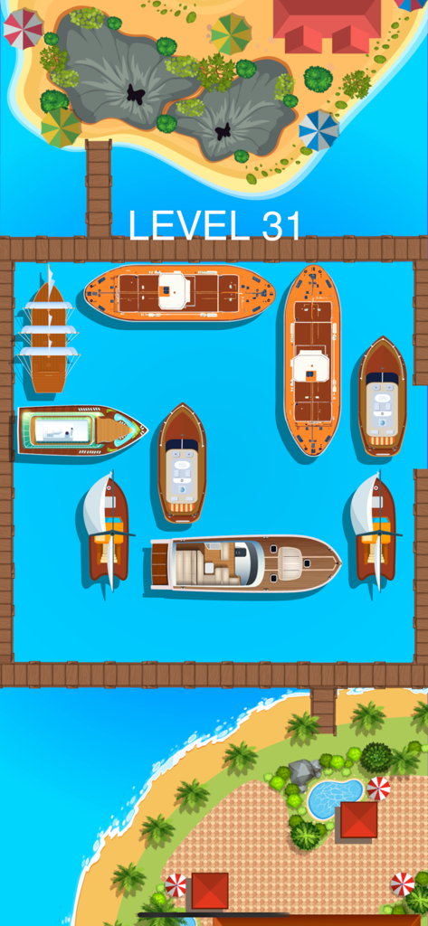 A top down view of a harbor themed sliding block puzzle level with various boats and ships