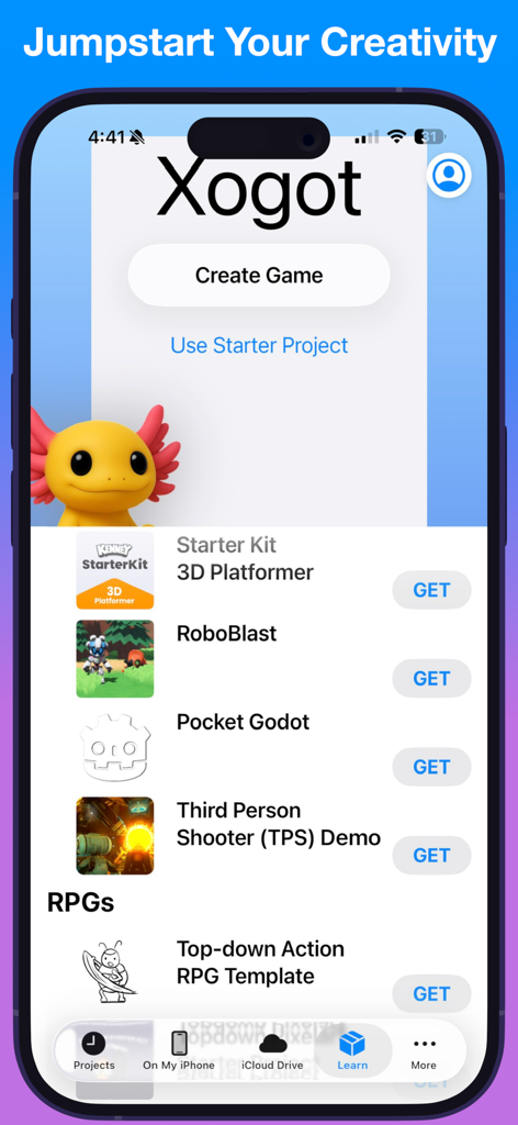 Xogot: Godot for iPad & iPhone - Xogot app interface on iPhone showing a list of game starter kits and templates like 3D Platformer and RPG.
