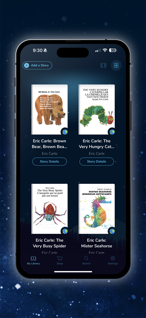 Moonlite - Storytime Projector - Moonlite app library screen showing classic children stories