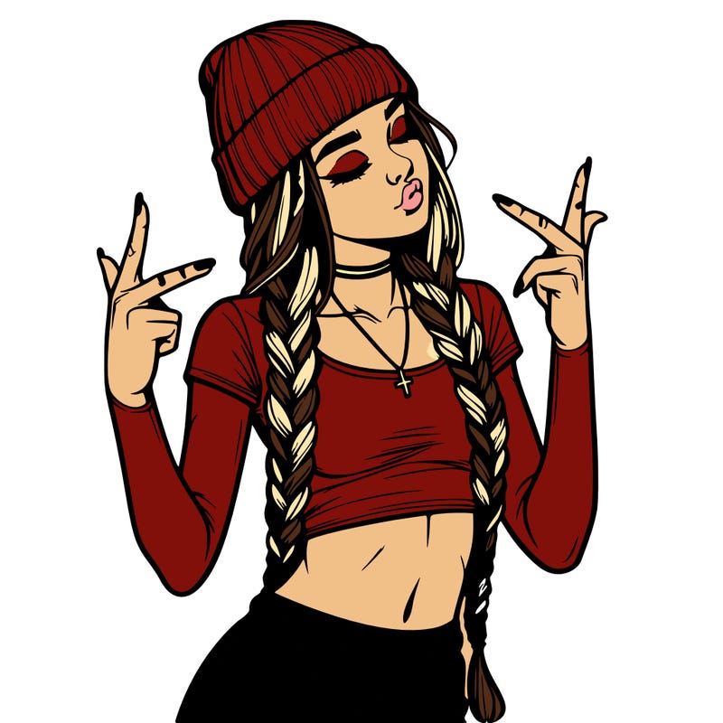 realistic teenage girl with braids and a beanie and crop top doing 🫶🏼