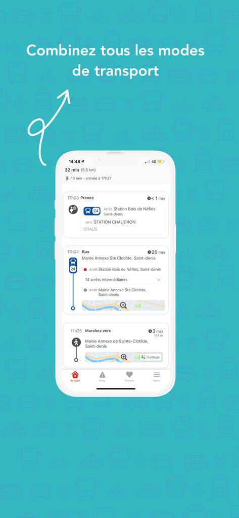 KAR'OUEST app screenshot showing multi-modal transport options for a journey