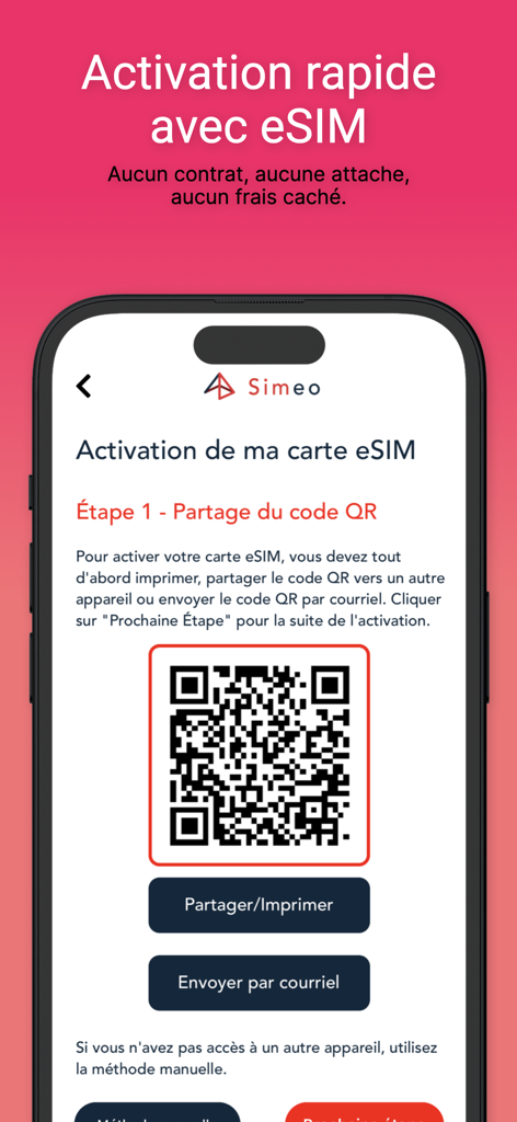Écran de l'application Simeo affichant un code QR pour une activation eSIM rapide