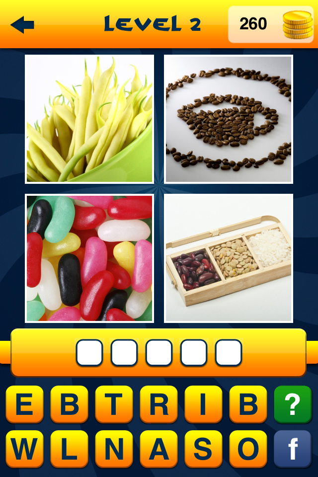 WordApp2 - 4 Pics, 1 Word, What's that word? second edition - WordApp2 game screenshot showing four pictures of beans for level 2