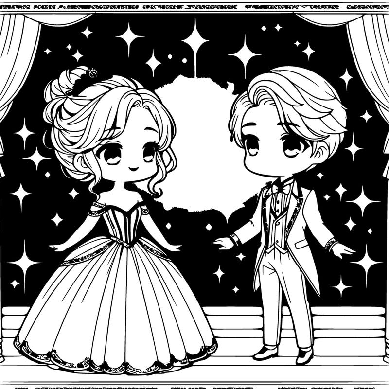 create a charming scene featuring cinderella and the prince happily gazing at each other under a sky full of stars. the image is in a cute chibi style, designed in black-and-white for easy coloring by children