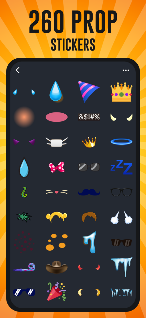 Emoji Maker, Avatar Creator - A grid showing various prop stickers for custom emoji creation like crowns, sunglasses, and hats.