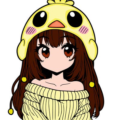 anime girl with chick shaped hat with sweater with bare shoulders with bangs covering them one eye with low tail