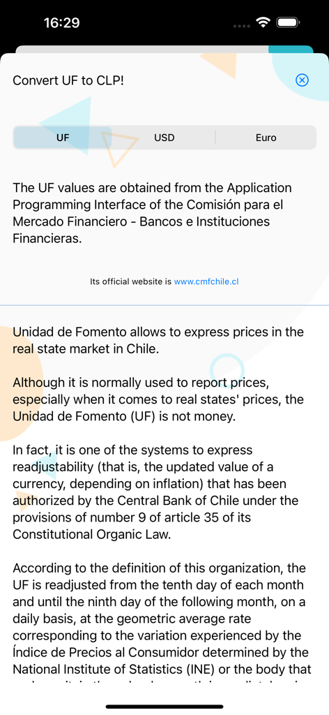 UF CLP - Information screen of the UF CLP app explaining the Chilean Unidad de Fomento