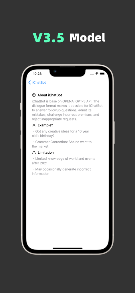iChatBot - Schermata dello smartphone che mostra l'interfaccia dell'app iChatBot con dettagli del modello GPT-3.5 e prompt di esempio