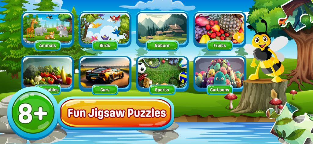 Jigsaw : Kids Puzzle Games - Pantalla de selección de categoría del juego de rompecabezas para niños con categorías como animales, autos y naturaleza con una mascota de abeja de dibujos animados