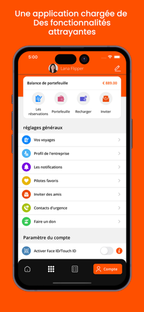 SB Drive app account settings screen showing wallet balance and menu options