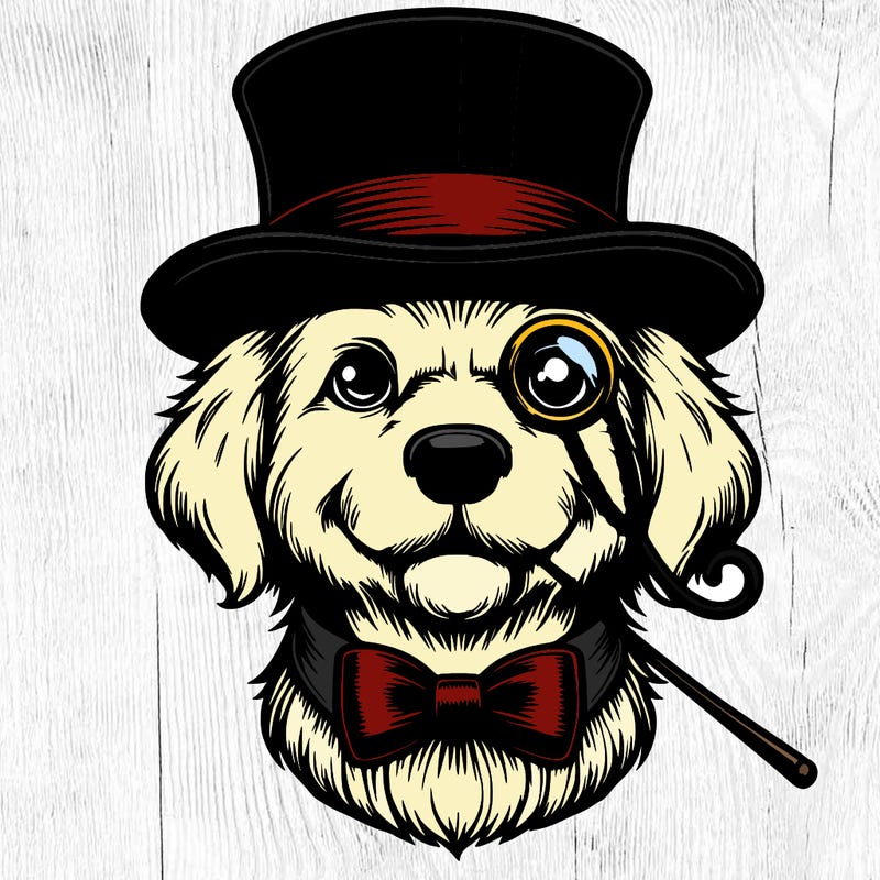 realistic dog which top hat and golden monocle