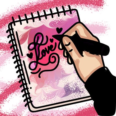 a hand writing “love” in calligraphy on a notebook