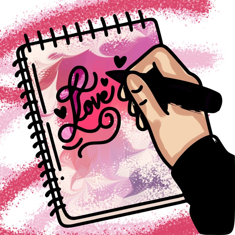 a hand writing “love” in calligraphy on a notebook