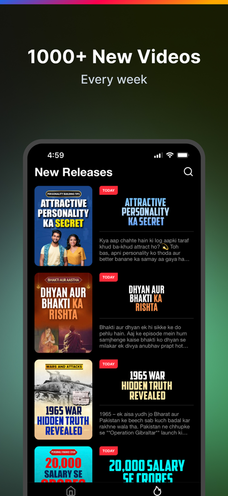 Seekho app screen showing a variety of new short learning videos in Hindi