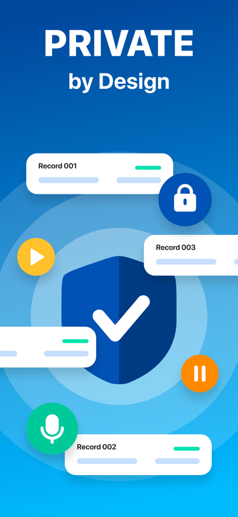 Interfaz de la aplicación AI Voice Note Taker que muestra características de seguridad como cifrado y grabaciones privadas