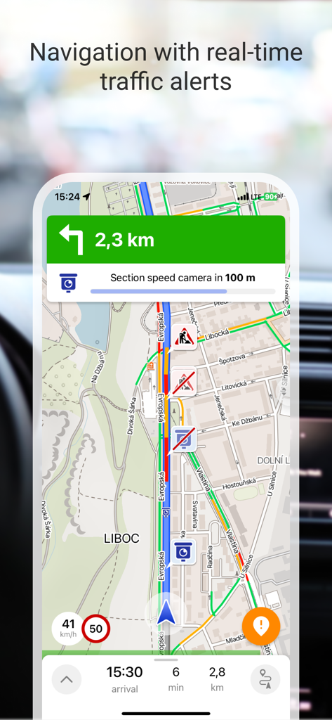Mapy.com driving navigation interface with real-time traffic alerts and speed camera warning