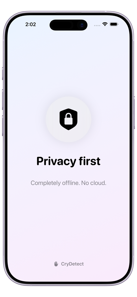CryDetect - AI Baby Monitor - CryDetect app interface stating Privacy first and Completely offline