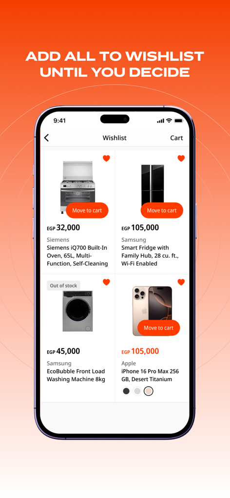 B.TECH mobile app wishlist interface showing electronics and home appliances with prices and move to cart buttons