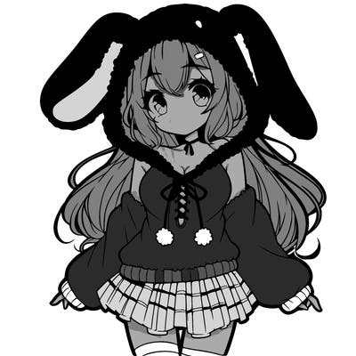 pretty anime girl wearing a fluffy hoodie with bunny ears on the hood and a skirt