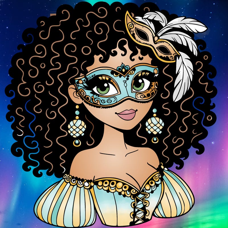 beautiful woman with curly hair and big eyes wearing a masked ball outfit