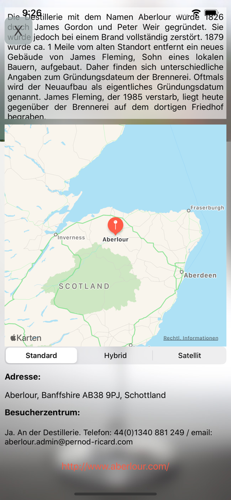 The Stillman - Die Whisky App - A screenshot of The Stillman app showing the distillery information page for Aberlour with a location map of Scotland