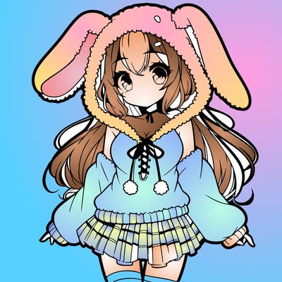 pretty anime girl wearing a fluffy hoodie with bunny ears on the hood and a skirt