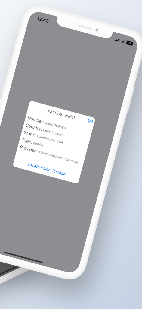 Number location tracker Finder - Screenshot of Number INFO popup showing caller details like country state and mobile provider