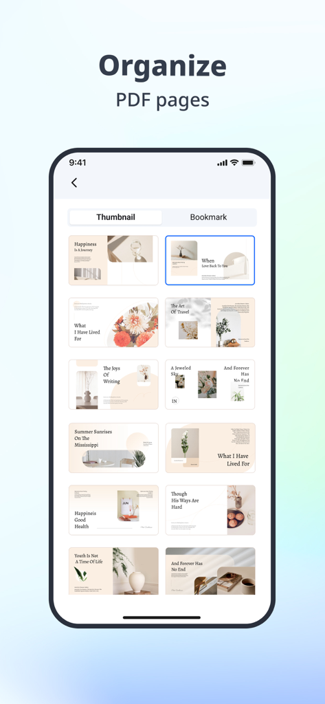 PDFelement app interface showing thumbnail view to organize PDF pages