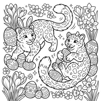 Dive into a charming Easter scene with two playful snow leopard cubs surrounded by decorated eggs and blooming spring flowers. This delightful coloring page offers a unique and heartwarming way to celebrate the season with your favorite big cats.