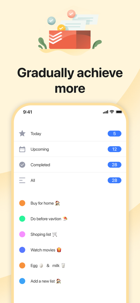 Eine mobile Oberfläche für eine All-in-One-Planer-App mit Aufgaben, kategorisiert nach Heute, Bevorstehend und benutzerdefinierten farbcodierten Listen mit Emojis.