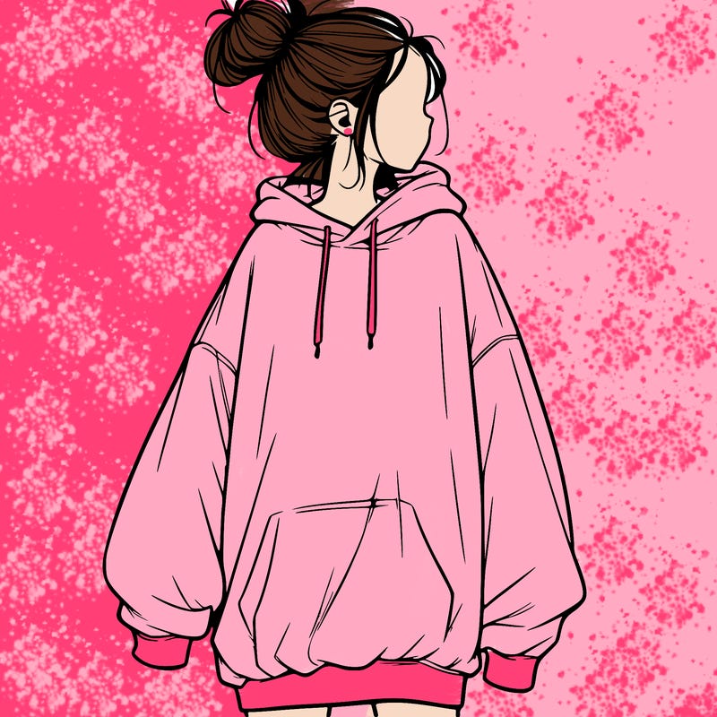 realistic girl with a oversized sweatshirt on and a bun