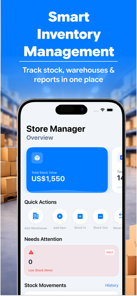 Inventory Tracker - Stock - Smartphone interface showing total stock value and inventory management actions in the Inventory Tracker app