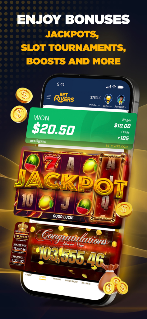 BetRivers mobile app interface showing slot machine jackpot and winning notifications