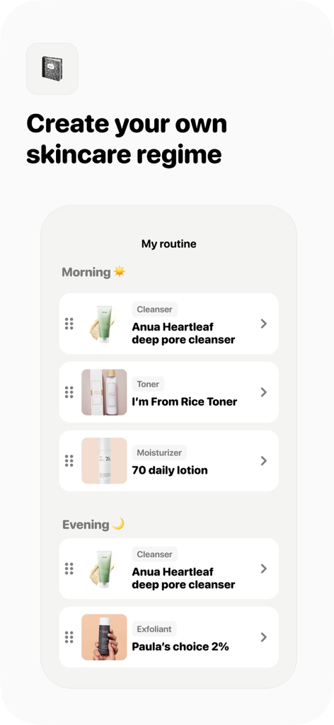 Glow - AI Skin Scanner - Screenshot of Glow app displaying a customized morning and evening skincare regime with specific product listings