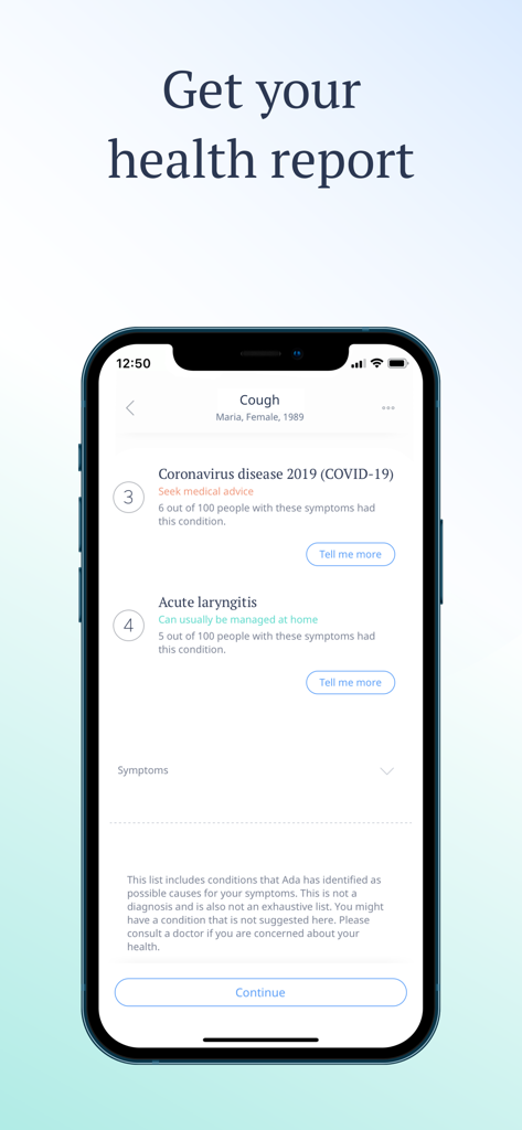 Smartphone showing the Ada app health assessment report for a user with a cough, listing potential conditions like COVID-19 and laryngitis.