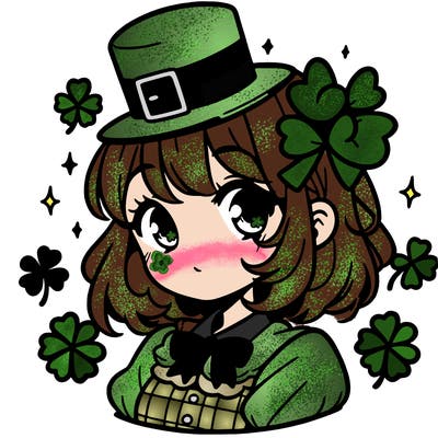 a manga-style girl with clovers around her, a little hat in her hair, like it's saint patrick's day