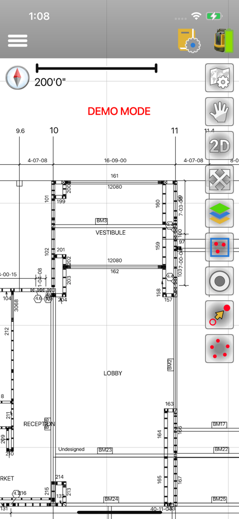 Topcon Field Mobile - Topcon Field Mobile app interface displaying an architectural blueprint with lobby and reception areas
