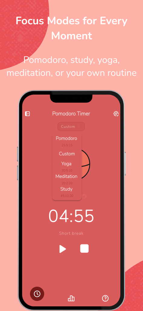 Eine minimalistische Mobile App-Oberfläche für einen Pomodoro Timer, die ein Auswahlmenü mit Fokusmodi für Studium, Yoga und Meditation anzeigt