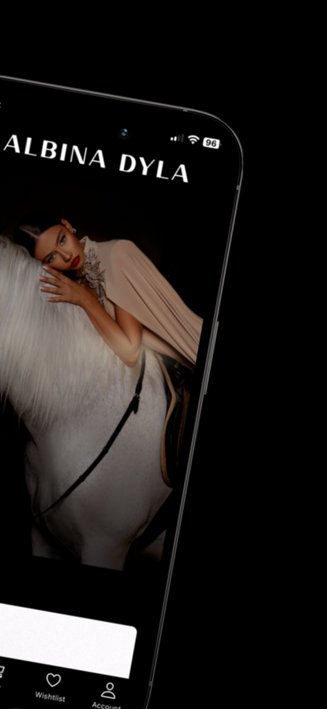 Albina Dyla - Una mujer con un vestido de alta costura posando con un caballo blanco en la pantalla de inicio de la aplicación móvil Albina Dyla