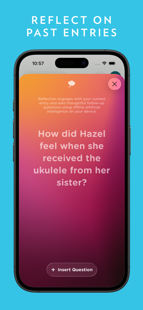 Journey - Diary, Journal - Pantalla de smartphone mostrando un mensaje de reflexión impulsado por IA en la aplicación de diario Journey que hace una pregunta de seguimiento sobre una entrada anterior.