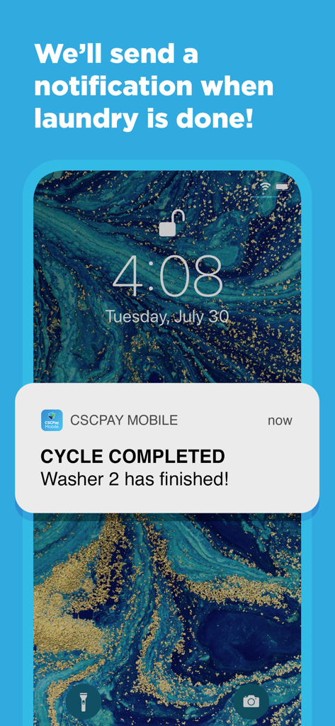 A smartphone lock screen showing a CSCPay Mobile notification for a completed laundry cycle