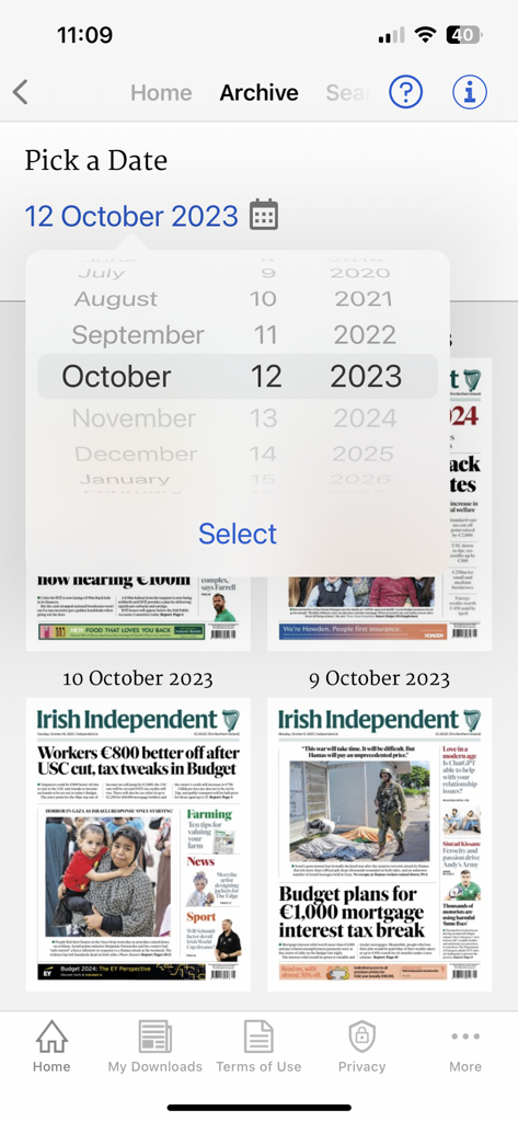 Irish Independent ePapers - Archive section of the Irish Independent ePapers app showing a date picker and thumbnails of past newspaper editions