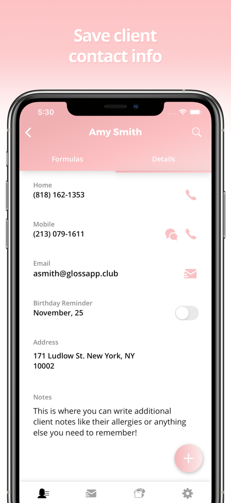 Gloss: Save Formulas & Clients - Smartphone screen of Gloss app showing client contact information and notes section