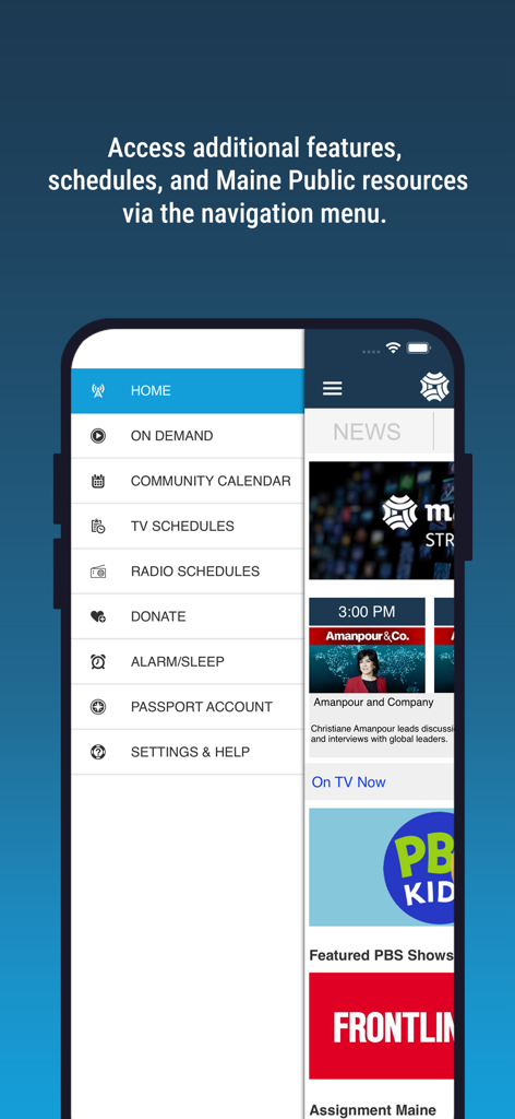 Maine Public Broadcasting App navigation menu with links to TV schedules and on demand programs